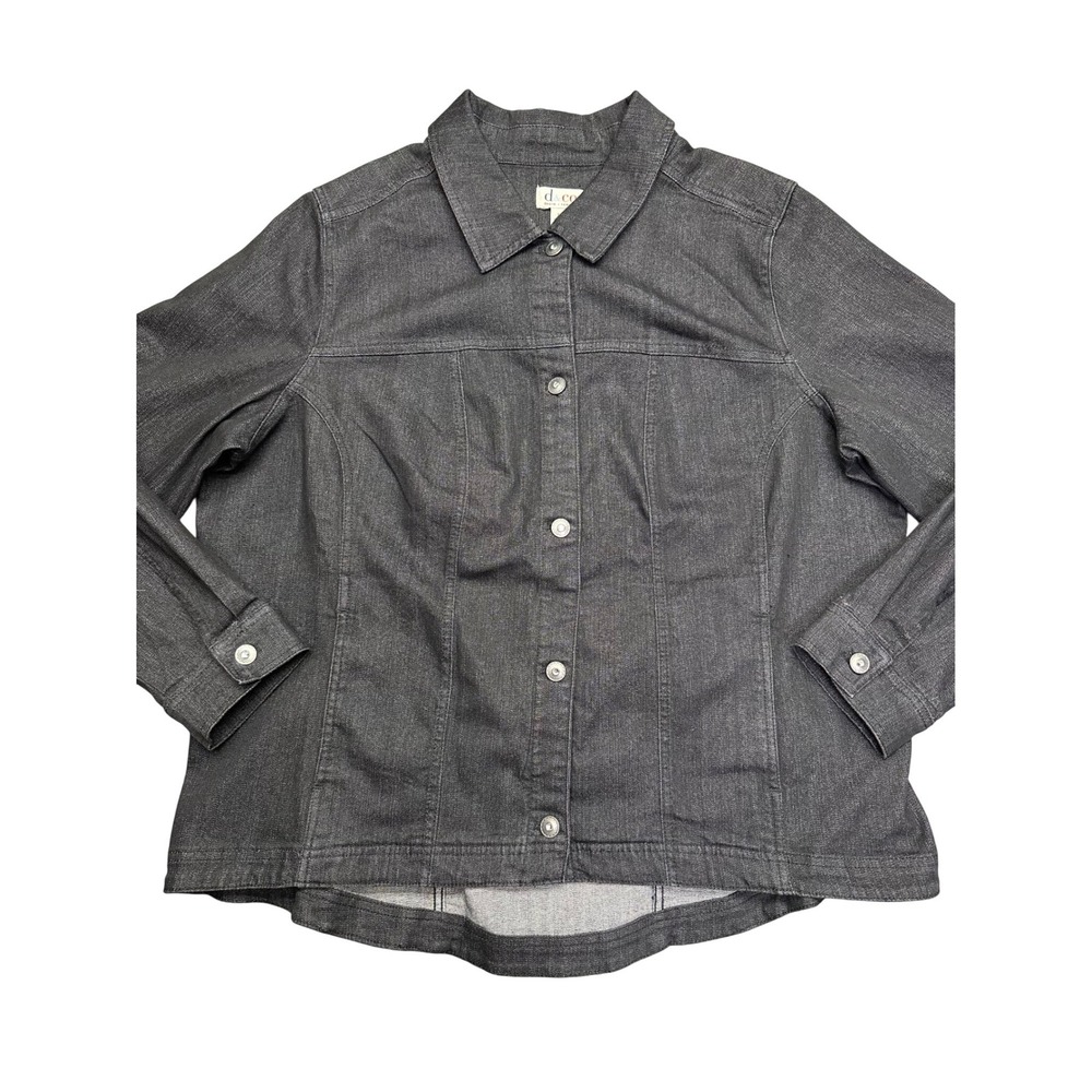 Denim & Co‎ Denim Jacket Dark Gray Button Front Stretch Womens 1X Grunge Casual